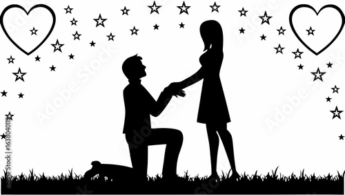 Silhouette of a man proposing to a woman under a starry sky with hearts on either side of the scene | editable eps vectors
