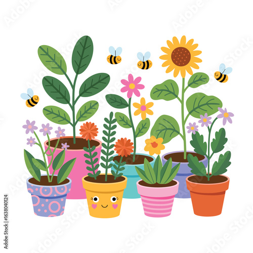 Charming potted plants and bees illustration with whimsical characters