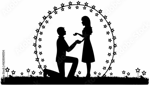 Silhouette of a man proposing to a woman under a star archway in a romantic black and white scene | editable eps vectors