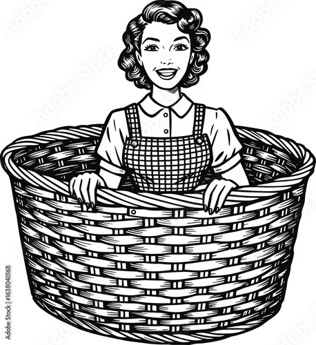 Person in woven basket wearing apron and hat, black and white illustration, unique lifestyle scene, line art, eccentric silhouette concept