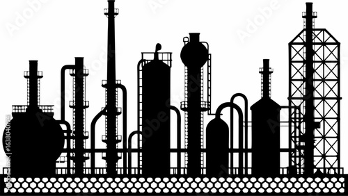 Silhouette depiction of an industrial complex with various towers and interconnected pipe systems design | editable eps vectors
