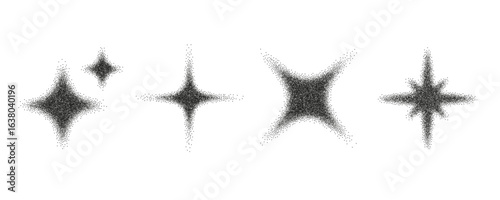 Noisy stippled grainy texture star collection. Black stippled sparks set. Halftone glitter, twinkle, sparkle, grain dots texture. Vector 