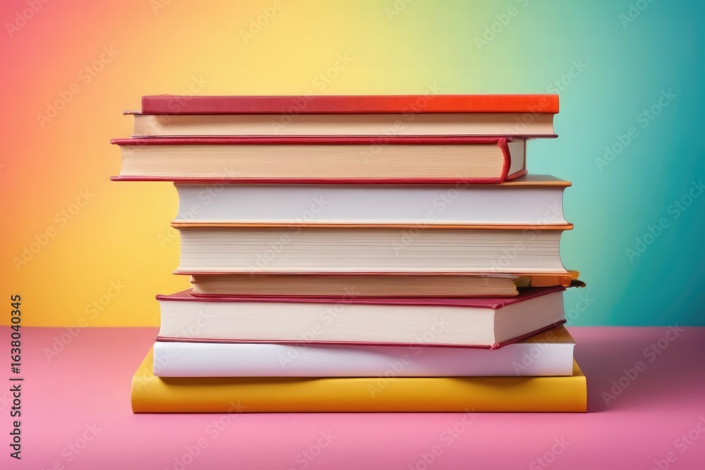 Fototapeta premium Stack of books on bright colorful background with copy space. Ideal for education, learning, literature, study, knowledge concepts, online courses, libraries, publishing, advertising, design, websites
