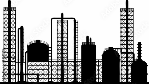 Silhouette of an industrial complex featuring towers tanks and piping against a white background view of factory | editable eps vectors