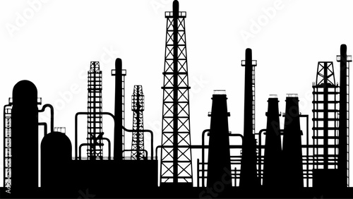 Silhouette depiction of an industrial complex featuring towers pipes and various refinery structures visible | editable eps vectors