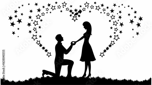Silhouette of a man proposing to a woman under a heart shaped canopy of stars in black and white style | editable eps vectors
