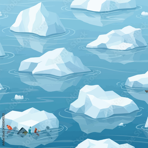 An illustration of icebergs floating on the ocean, with people and a tent.