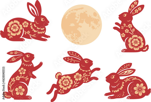 Traditional Mid-Autumn Festival elements featuring Chang'e (the moon goddess), a jade rabbit, and glowing round mooncakes under a full moon. Chinese-style motifs include red lanterns, paper-cut design