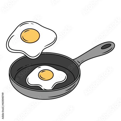 Two fried eggs in a pan one egg is falling on white background