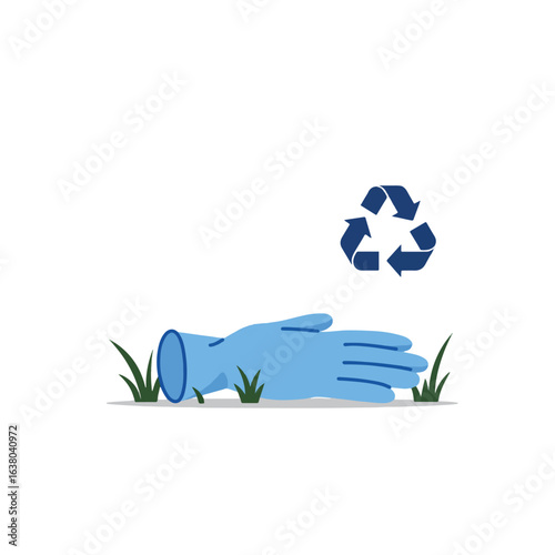 A discarded blue glove lies on grass beside a recycling symbol, illustrating environmental pollution.