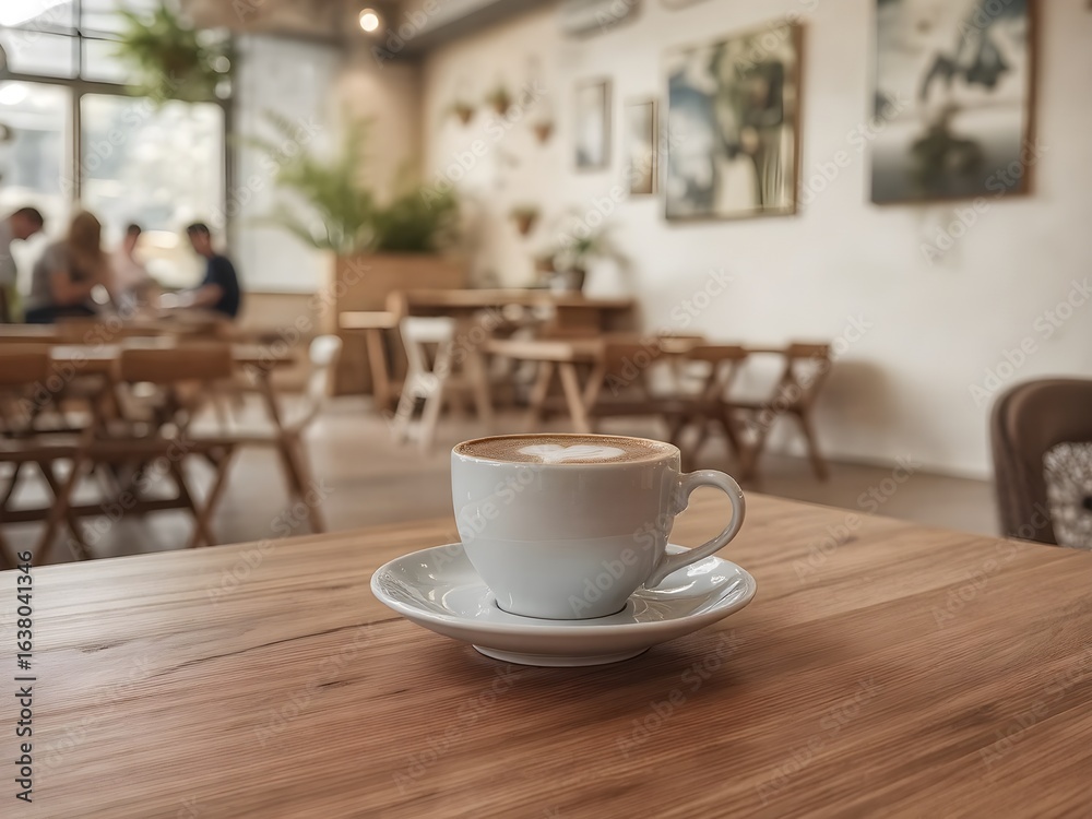 Ceramic Coffee Cup with Latte Art in Cozy Modern Café – Warm Scandinavian Interior with Natural Light (AI Generated) Ceramic Coffee Cup with Latte Art in Cozy Modern Café – Warm Scandinavian Interior with Natural Light (AI Generated)