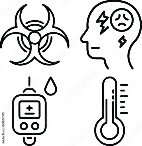 A collection of four black and white line art icons depicting a biohazard symbol, a distressed head, a blood glucose meter, and a thermometer.