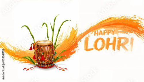 A festive lohri celebration with a traditional drum sugarcane and vibrant orange brushstrokes design element