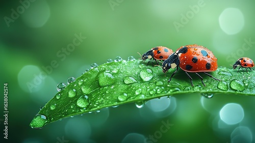 Green leaves with water drops and ladybugs