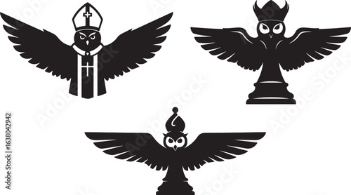 Avian Bishop with Wings Spread | Unique Religious Symbolism Art King Owl Chess Piece | Black and White Royal Bird Logo

