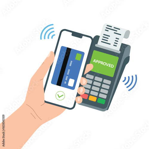 Hand holding smartphone and credit card reader for contactless payment