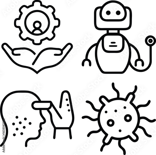 Four distinct line art icons illustrating concepts of human resources, artificial intelligence, medical examination, and microbiology or viruses.
