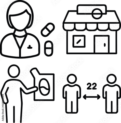 Icons depicting a pharmacist, pills, a pharmacy building, a hand sanitizing station, and people maintaining distance.