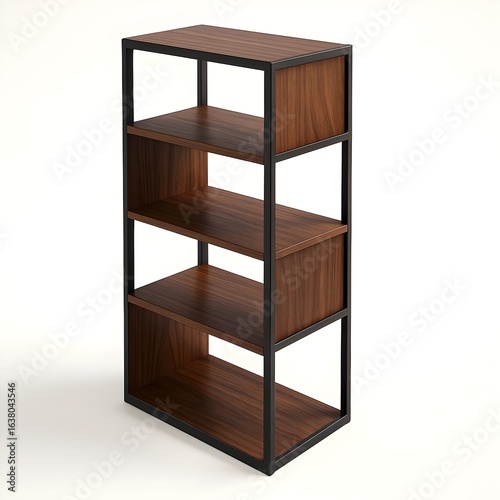 Modern Industrial Wooden Bookshelf with Black Metal Frame Isolated on White Background