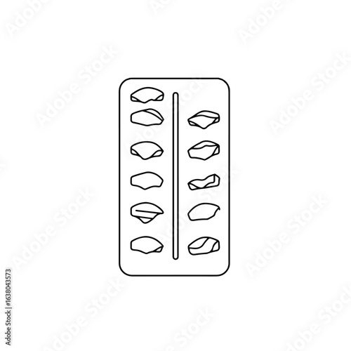 A black and white illustration of a blister pack containing several individual medicine tablets.