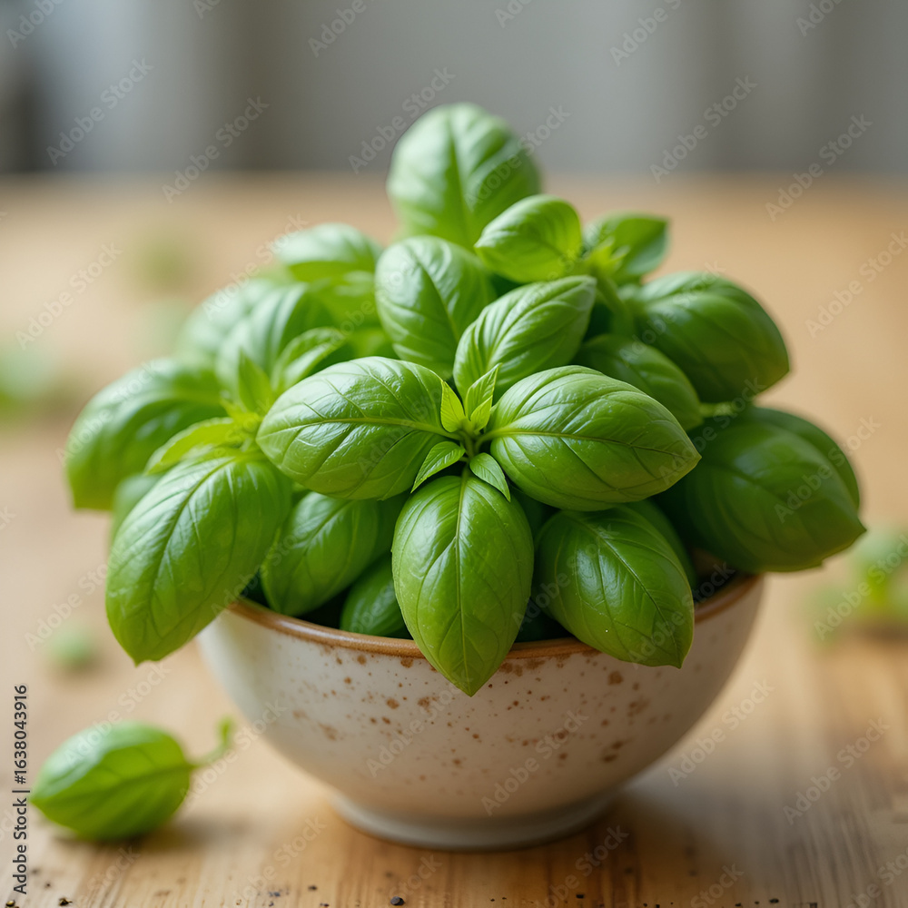 Obraz premium Fresh Basil Leaves in Ceramic Bowl