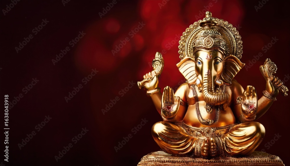 Fototapeta premium Gold Ganesha Statue on Dark Red Background