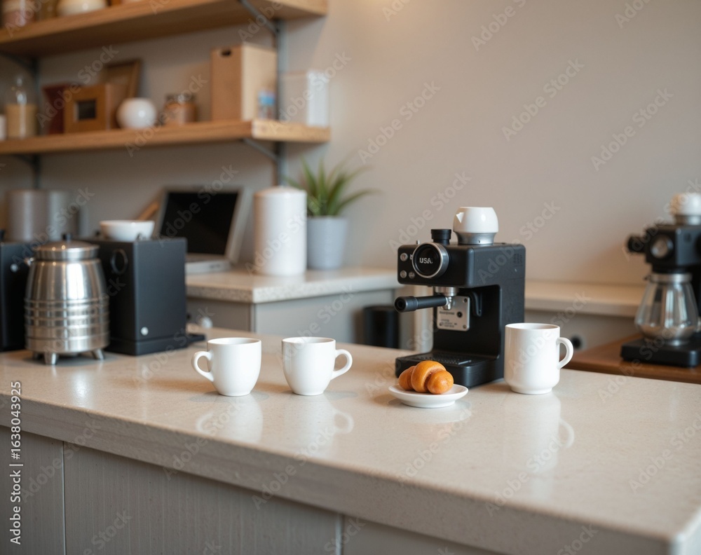 Fototapeta premium Modern Espresso Machine on Bright Kitchen Counter with Coffee Cups