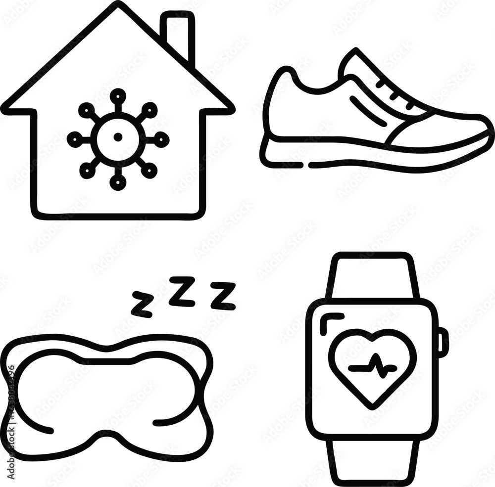 Fototapeta premium A collection of four simple line art icons depicting a house with a virus, a running shoe, a sleep mask, and a smartwatch with a heart rate monitor.