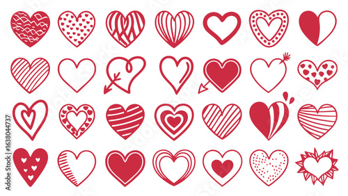 Collection of HandDrawn Red Heart Illustrations for Valentines Day.