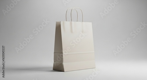 A plain, light beige paper shopping bag with twisted handles stands on a clean white surface against a soft gray background.