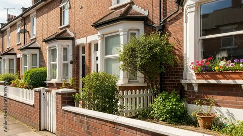 Row of traditional red brick terraced houses in a residential street. English townhouses with bay windows and front gardens.