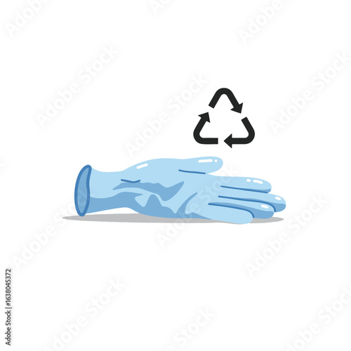 A light blue nitrile glove rests gently, palm up, next to a recycling symbol, promoting responsible disposal.