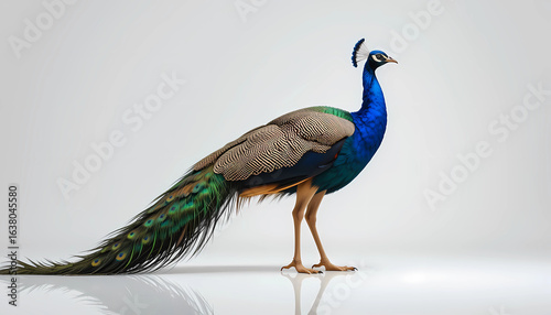 A vibrant peacock standing gracefully against a plain white background in a side profile view