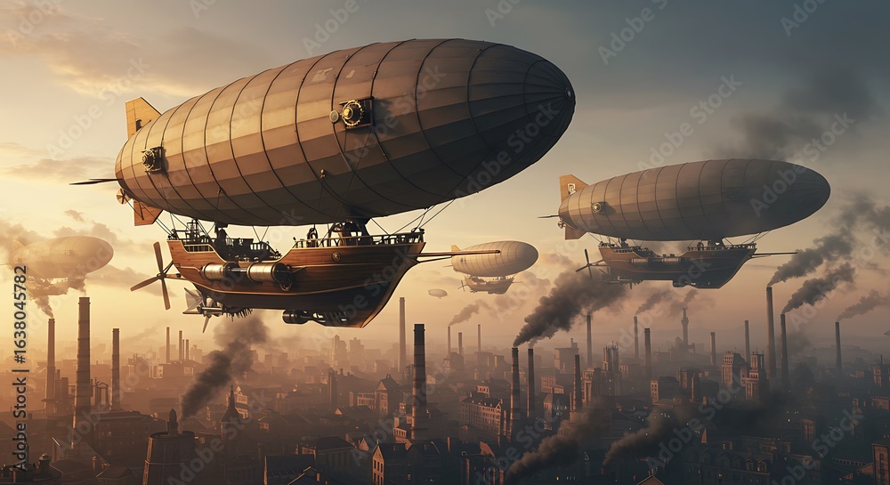 Naklejka premium Steampunk Airships Soaring Over Industrial City at Sunset: Dramatic Fantasy Artwork