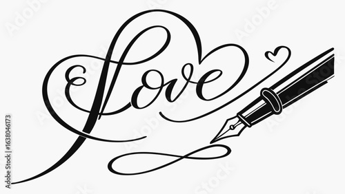 Elegant Calligraphic Love with Fountain Pen Illustration.