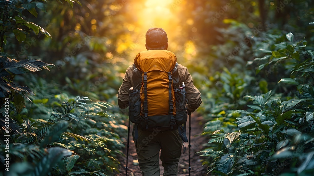 Naklejka premium Adventurous hiker explores serene forest landscape