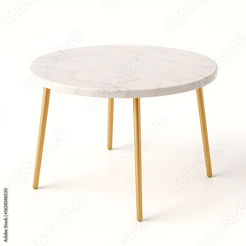 Modern Round Marble Table with Gold Metal Legs Isolated on White Background