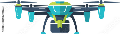 A modern quadcopter drone with four propellers carrying a package for a delivery service.