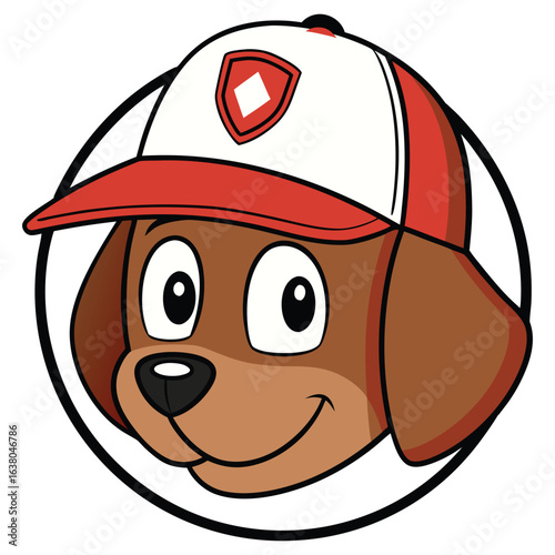 Friendly cartoon dog wearing a baseball cap, smiling happily