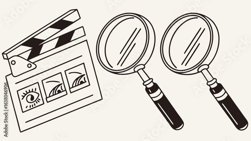 Filmmaking Clapperboard and Magnifying Glasses Illustration.