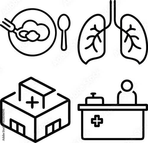 A collection of four medical icons: food, lungs, hospital building, and reception desk, symbolizing various aspects of healthcare and well-being.