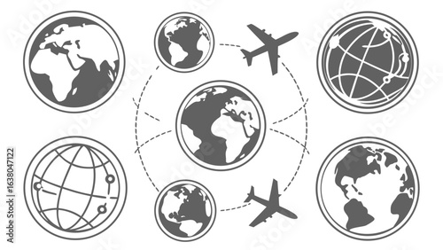 Global Travel Concept with Airplanes and Earth Globe Icons.