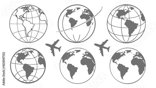Global Travel Airplane and Earth Icons Set.