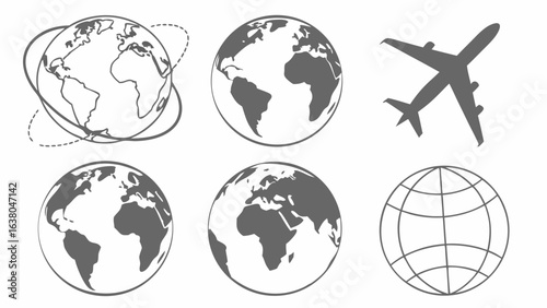 Gray Globe Icons and Airplane Silhouette on Transparent Background.
