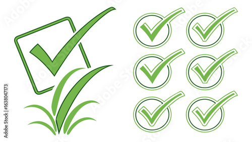 Green Checkmarks and Grass EcoFriendly Approval Icons.