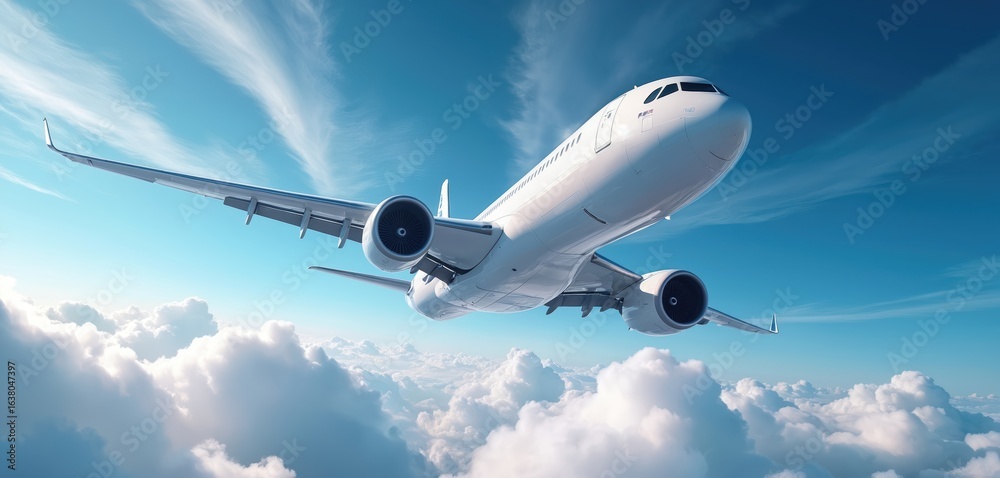 Naklejka premium Modern jetliner soars through clear blue sky above fluffy white clouds. Airplane wing visible, engines gleaming. Freedom, travel, global connectivity. High altitude flight offers serene aerial view.