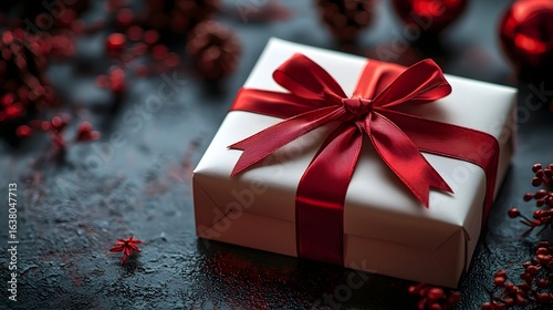 Elegant red ribboned gift box on dark background