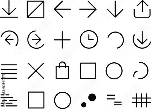 User interface icon set, arrows, shapes, text alignment, shopping, clock, minimalist line symbols, clean design for web elements