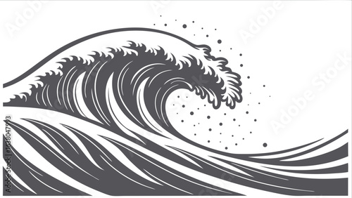 Monochrome Illustration of a Powerful Ocean Wave.