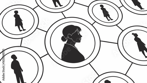 Network of Silhouetted People Connected by Lines and Circles.